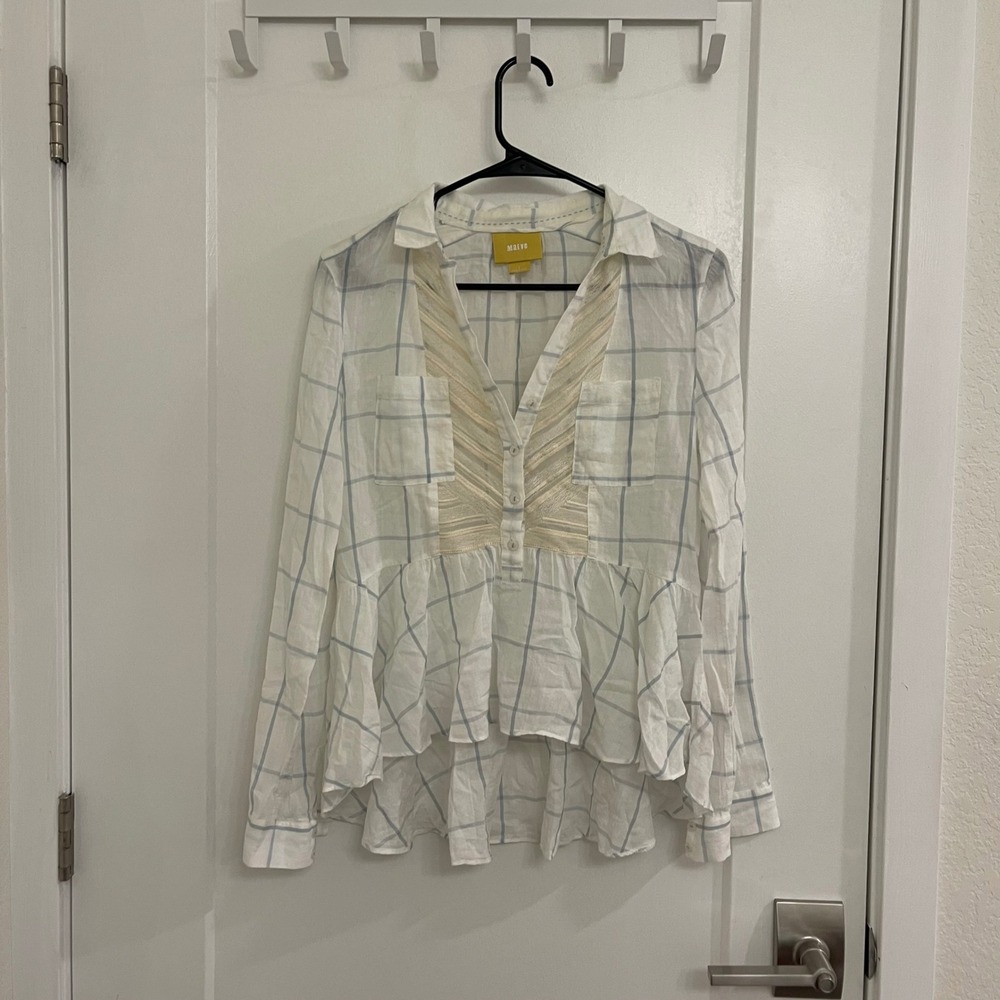 Maeve Babydoll Chic Gauzy Sheer Boho Blouse Checkered Beachy Coastal